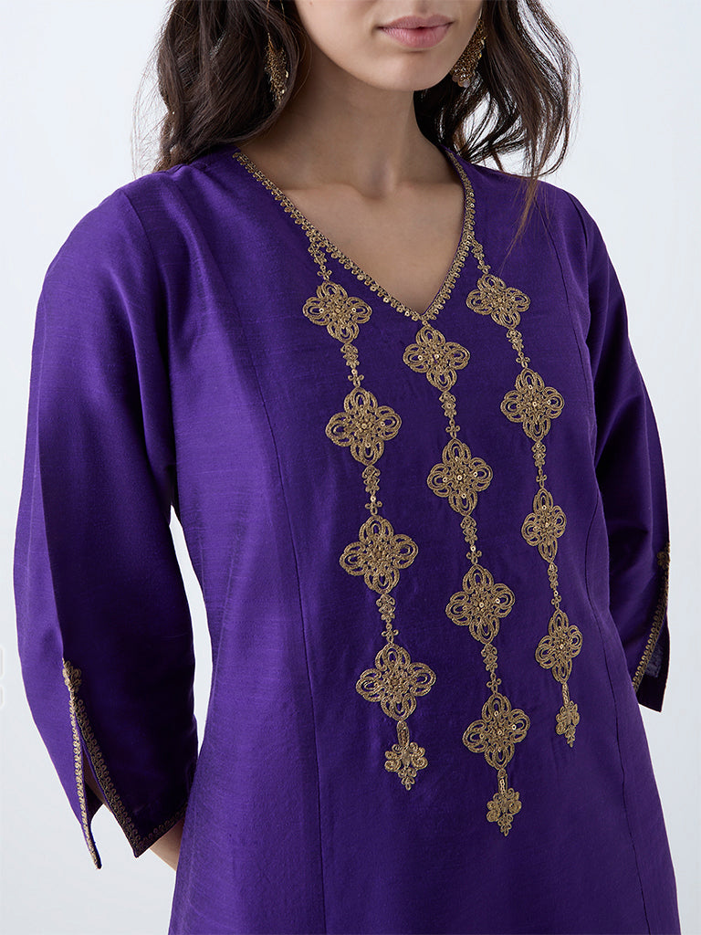 Utsa Purple Zari Embroidered Straight Kurta