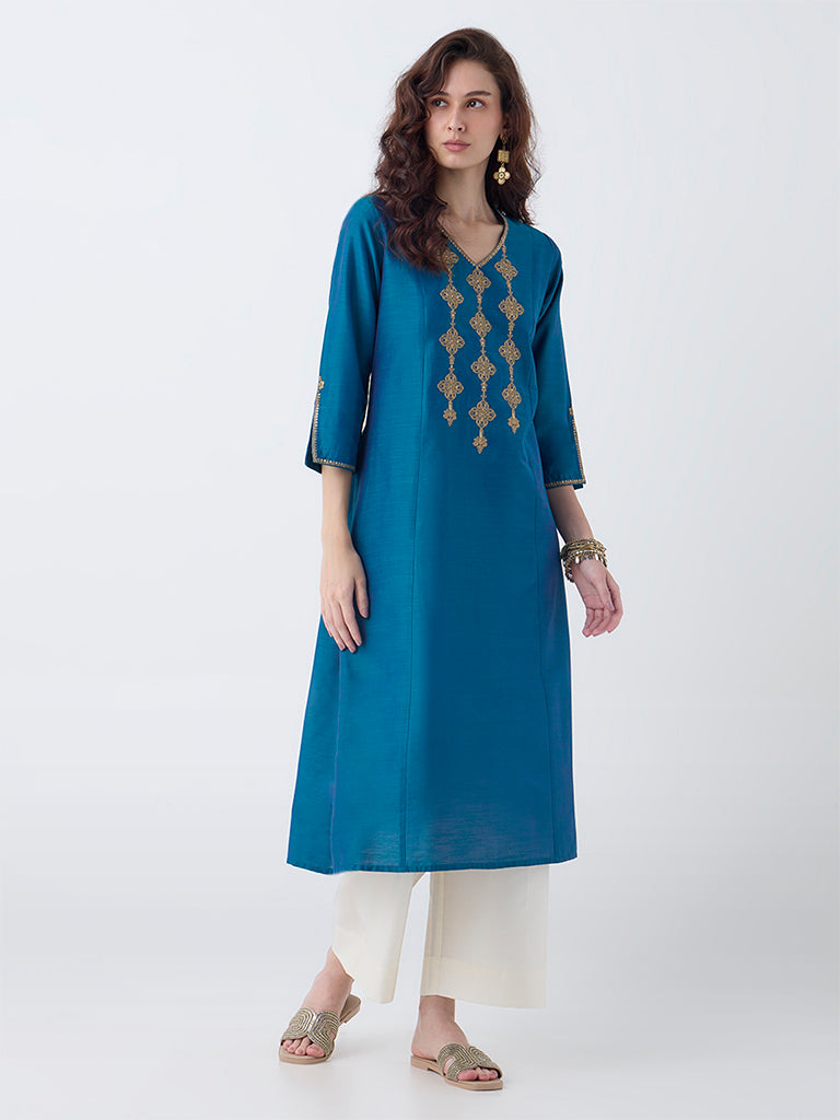 Utsa Teal Zari Embroidered A-Line Kurta