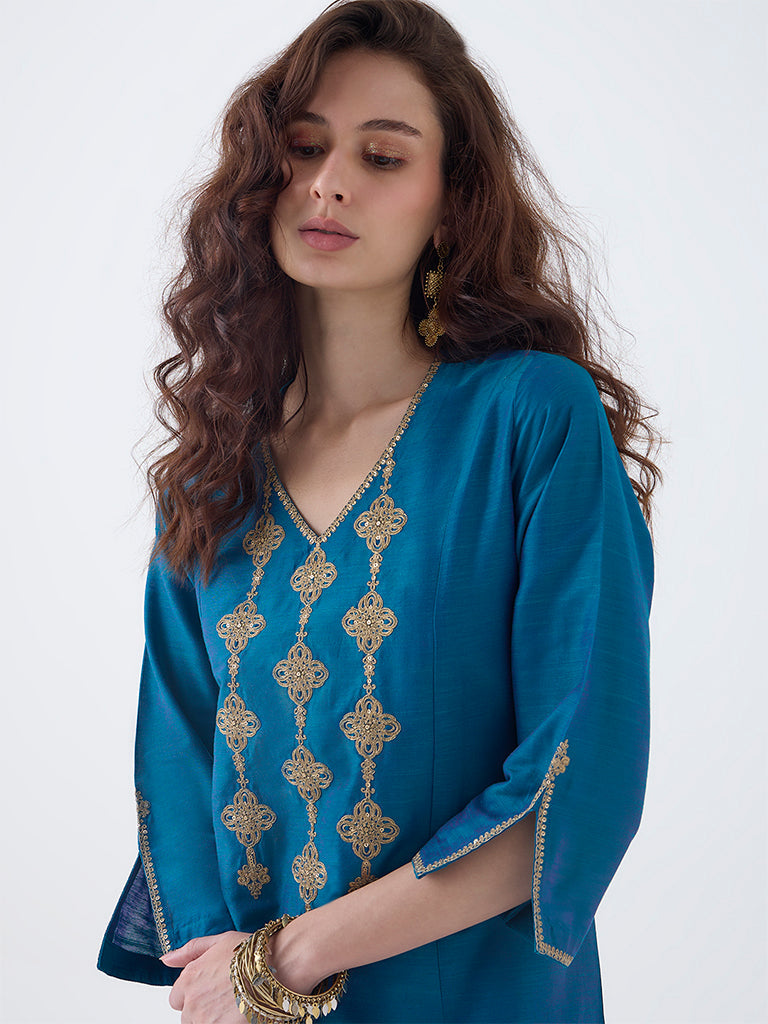 Utsa Teal Zari Embroidered A-Line Kurta