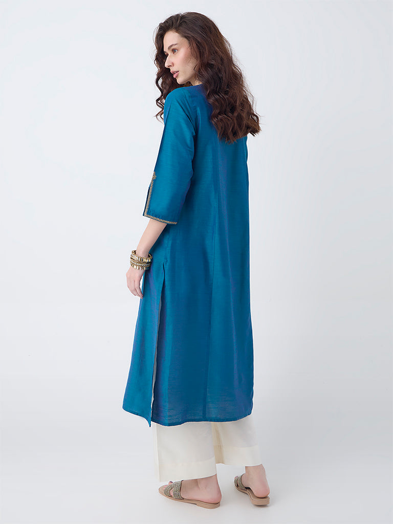 Utsa Teal Zari Embroidered A-Line Kurta