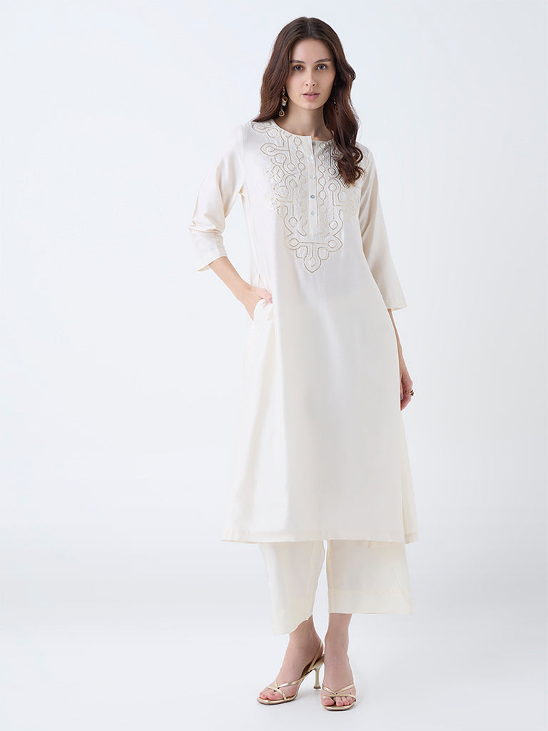 Utsa Off-White Sequin Embellished A-Line Kurta