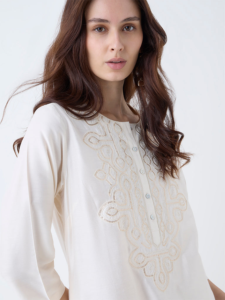 Utsa Off-White Sequin Embellished A-Line Kurta