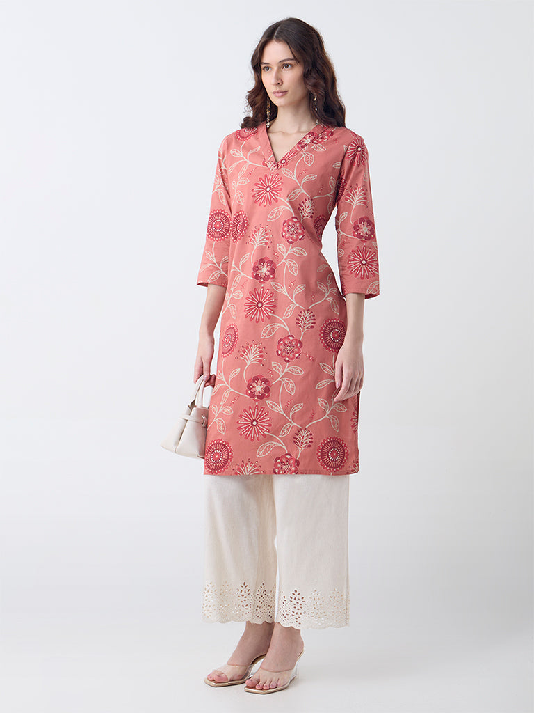 Utsa Coral Foliage Pattern Cotton Straight Kurta