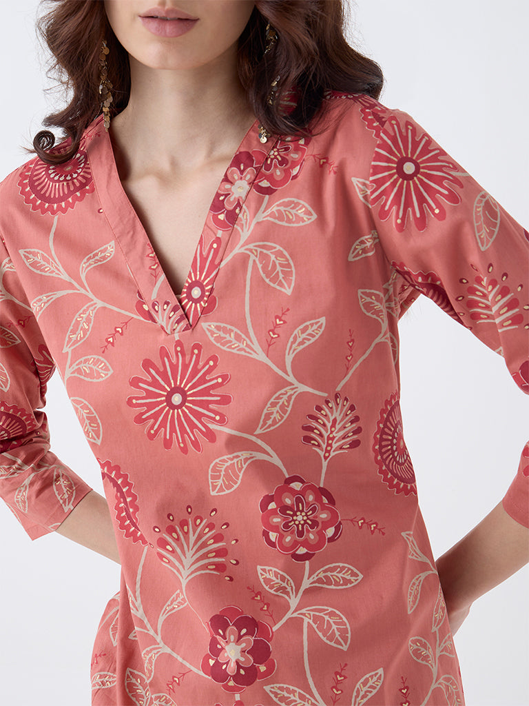 Utsa Coral Foliage Pattern Cotton Straight Kurta