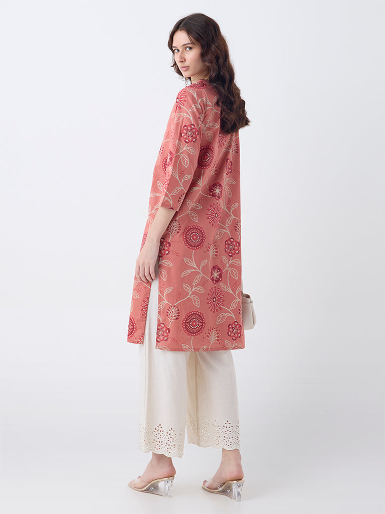 Utsa Coral Foliage Pattern Cotton Straight Kurta