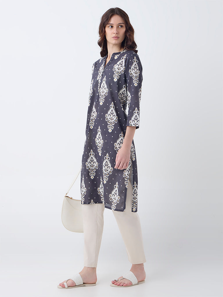 Utsa Black Ikat Printed Cotton Straight Kurta