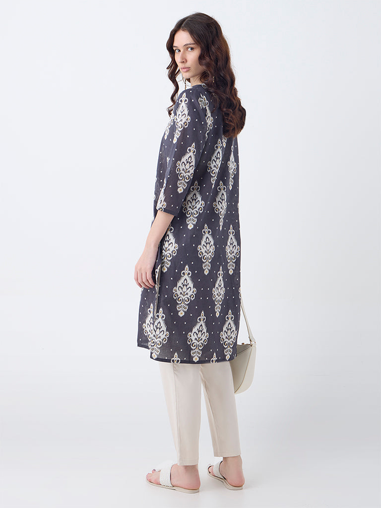 Utsa Black Ikat Printed Cotton Straight Kurta
