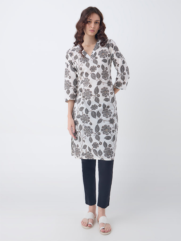 Utsa Off-White Botanical Design Cotton Straight Kurta