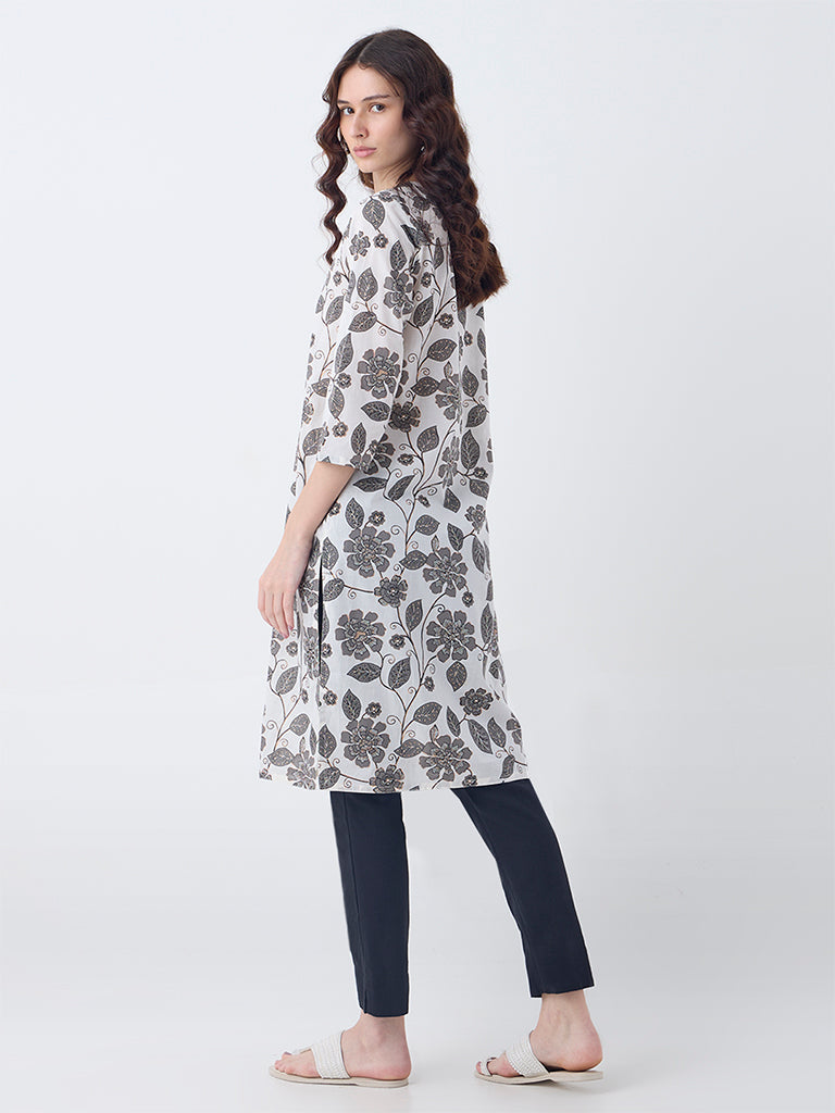 Utsa Off-White Botanical Design Cotton Straight Kurta