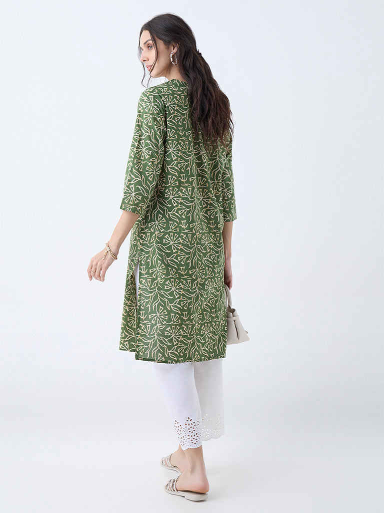 Utsa Green Leaf Pattern Cotton Straight Kurta