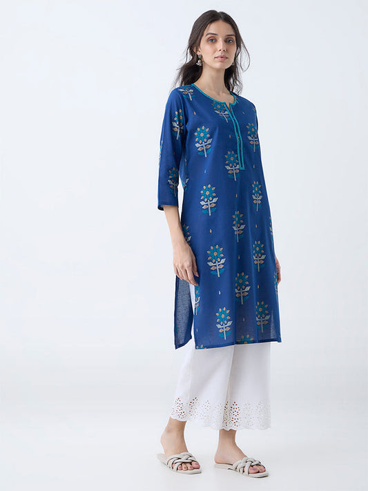 Utsa Dark Blue Jamdani Butta Pattern Cotton Straight Kurta