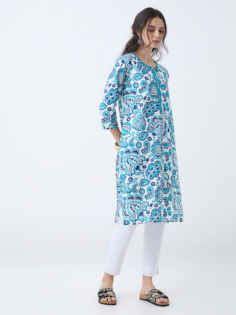 Utsa Turquoise Floral Printed Cotton Straight Kurta