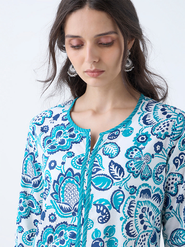 Utsa Turquoise Floral Printed Cotton Straight Kurta