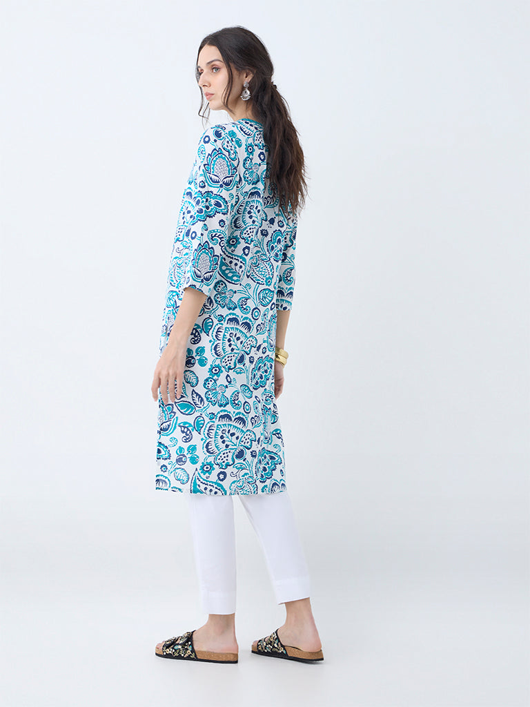Utsa Turquoise Floral Printed Cotton Straight Kurta