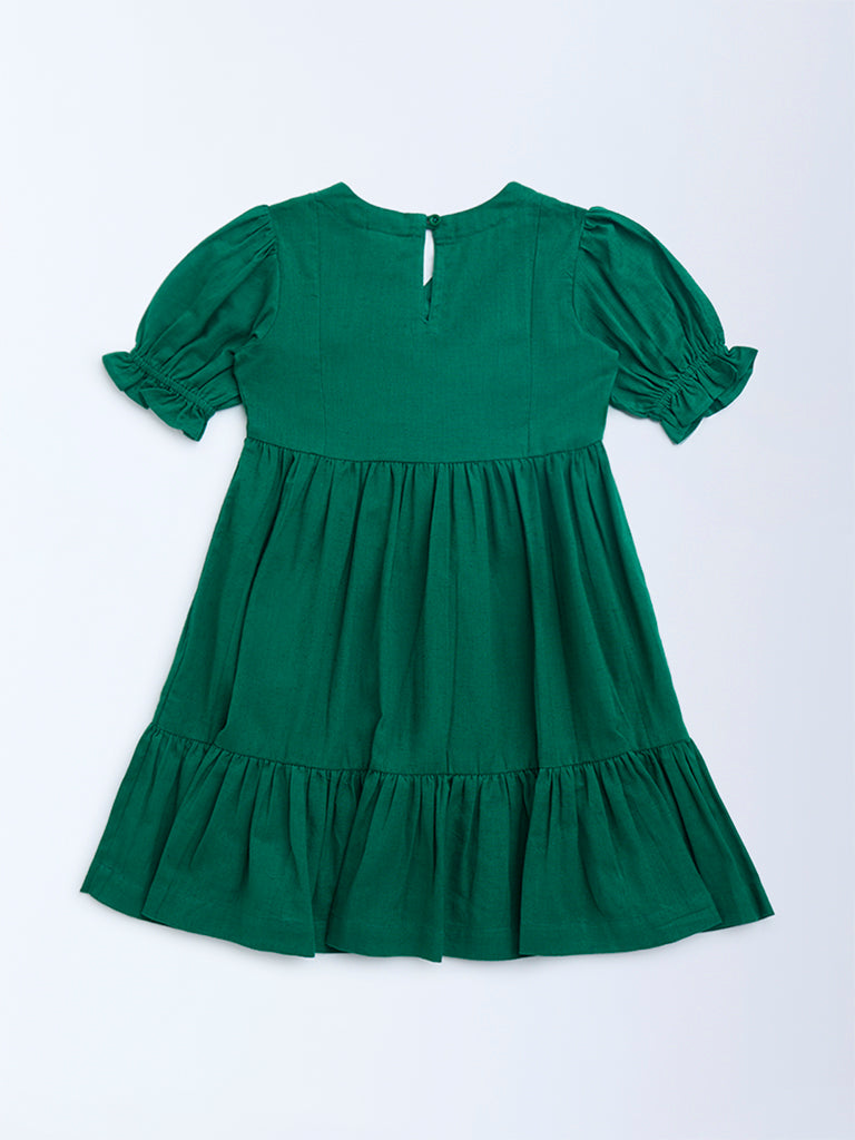 Utsa Kids Sea Green Floral Embroidered Cotton Tiered Dress - (2-8yrs)