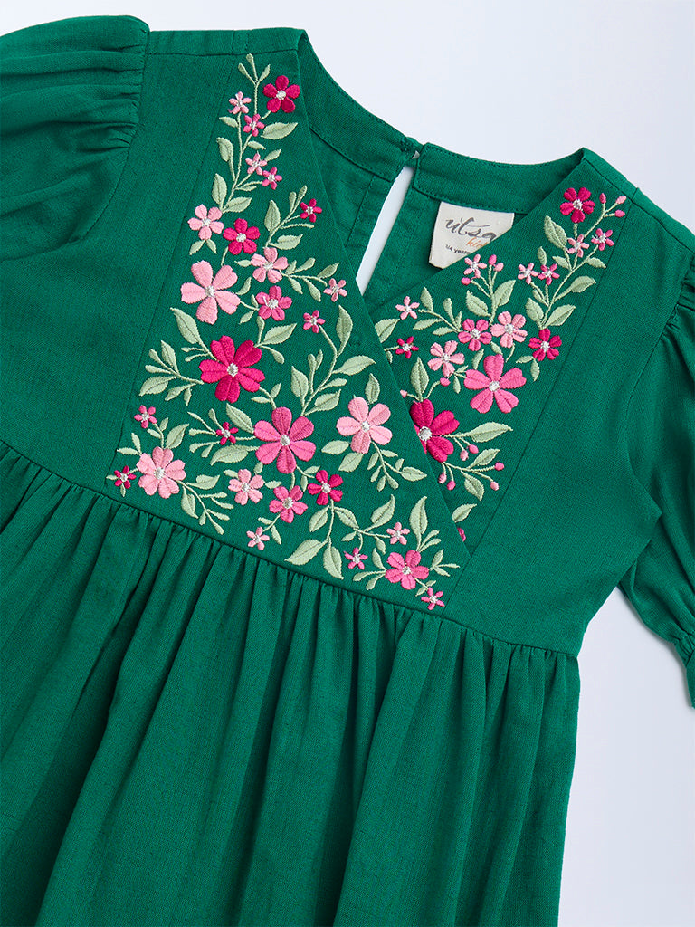 Utsa Kids Sea Green Floral Embroidered Cotton Tiered Dress - (2-8yrs)