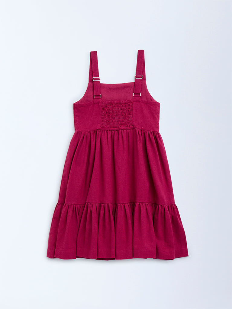 Utsa Kids Magenta Embroidered Cotton-Blend Tiered Dress - (2-8yrs)