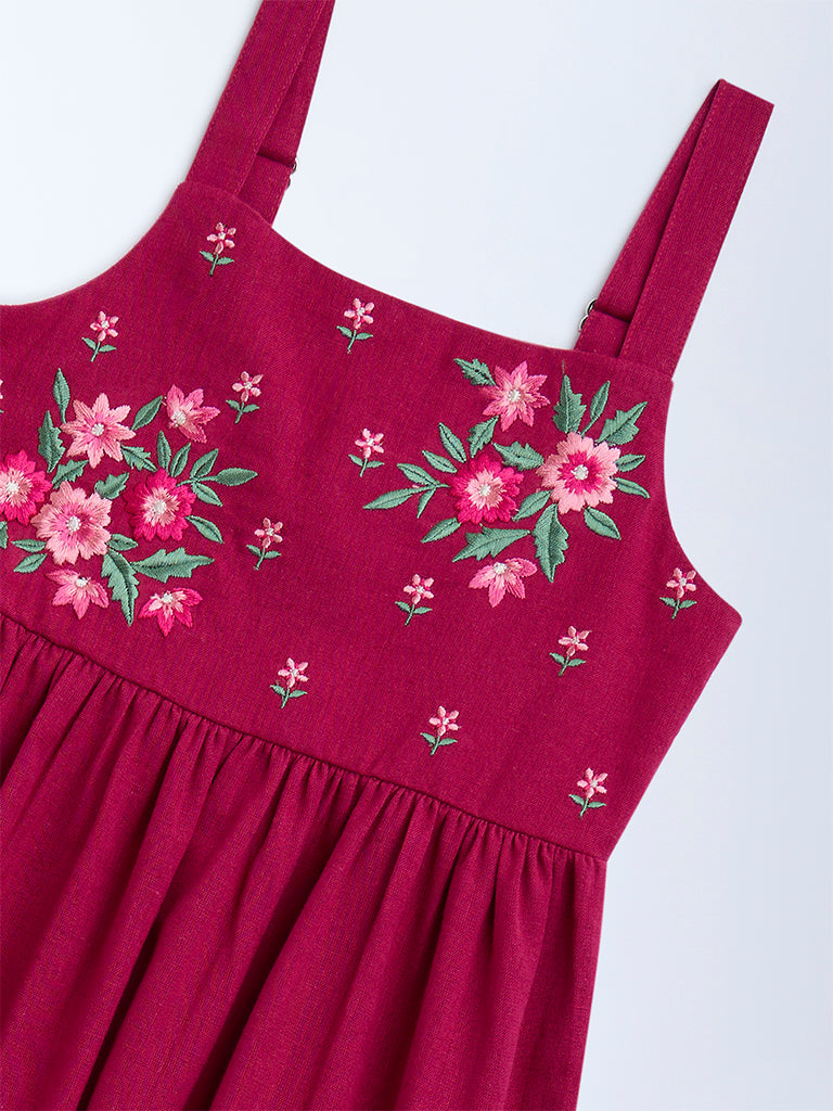 Utsa Kids Magenta Embroidered Cotton-Blend Tiered Dress - (2-8yrs)
