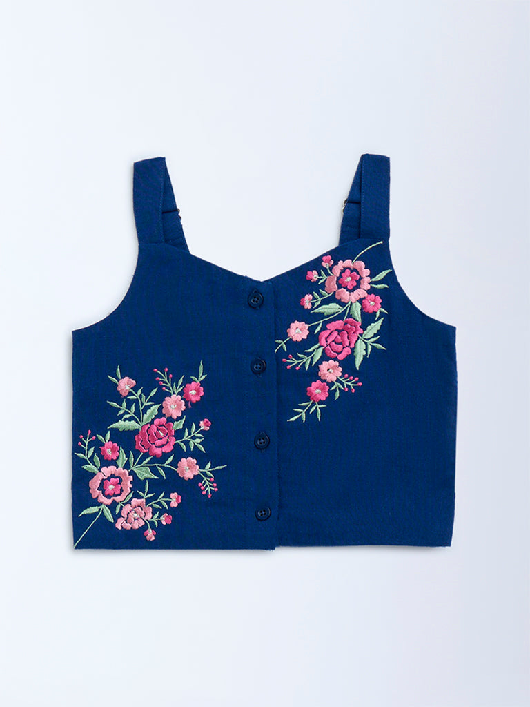 Utsa Kids Navy Floral Embroidered Cotton-Blend Ethnic Top - (2-8yrs)