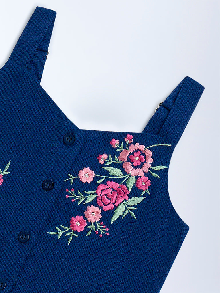 Utsa Kids Navy Floral Embroidered Cotton-Blend Ethnic Top - (2-8yrs)