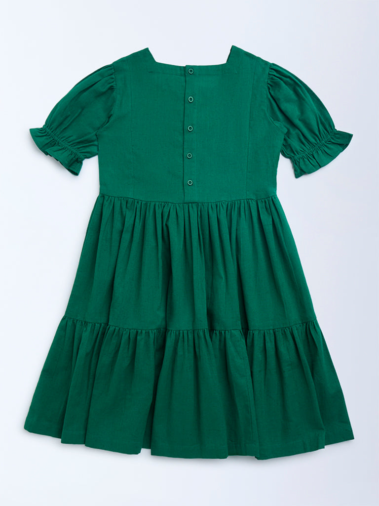 Utsa Kids Sea Green Floral Embroidered Cotton Tiered Dress - (8-14yrs)