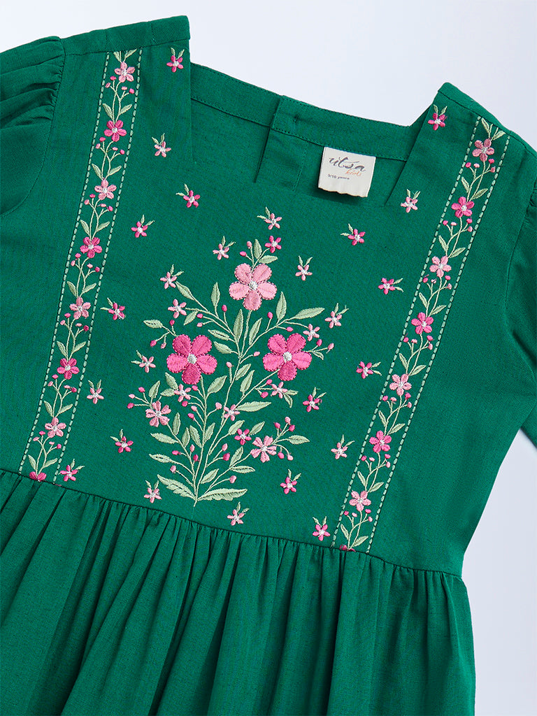 Utsa Kids Sea Green Floral Embroidered Cotton Tiered Dress - (8-14yrs)