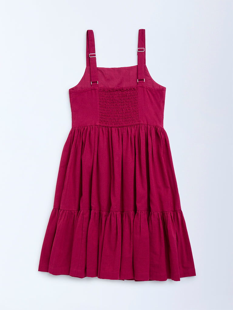 Utsa Kids Magenta Embroidered Cotton-Blend Tiered Dress - (8-14yrs)