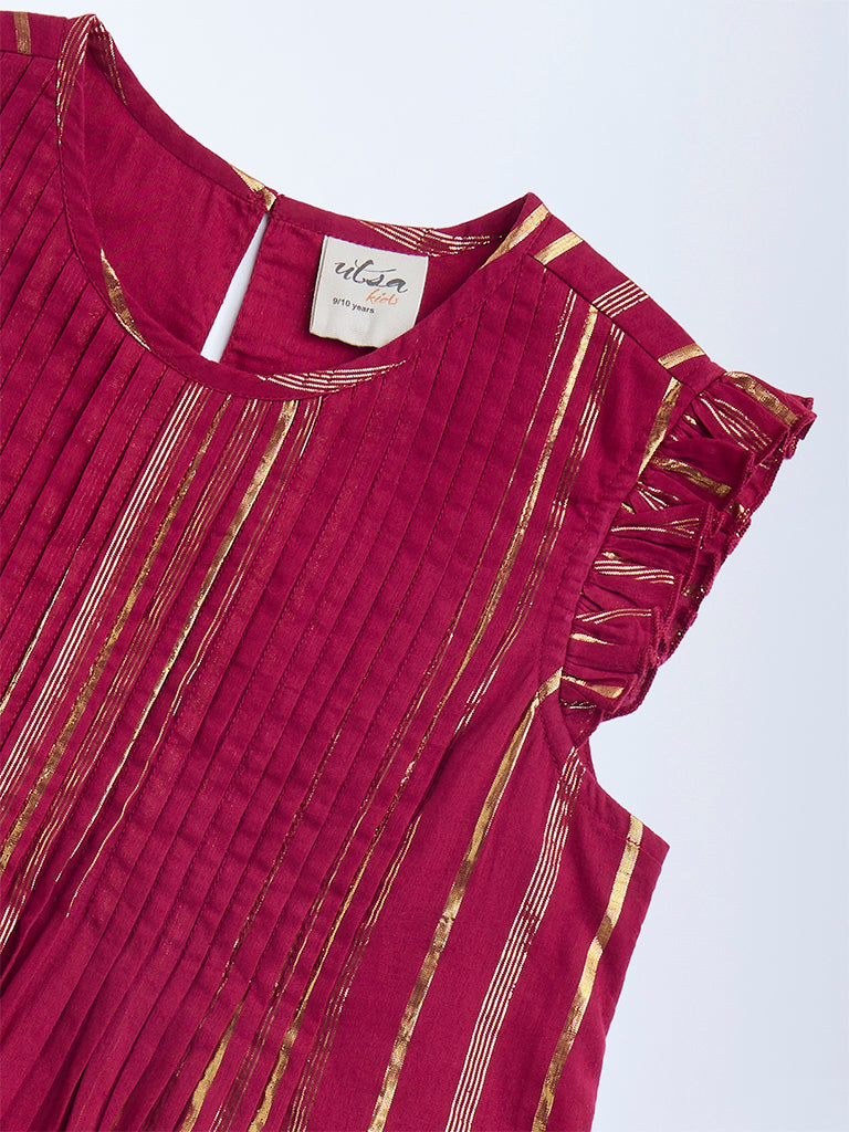 Utsa Kids Red Striped Cotton-Blend Ethnic Top - (8-14yrs)