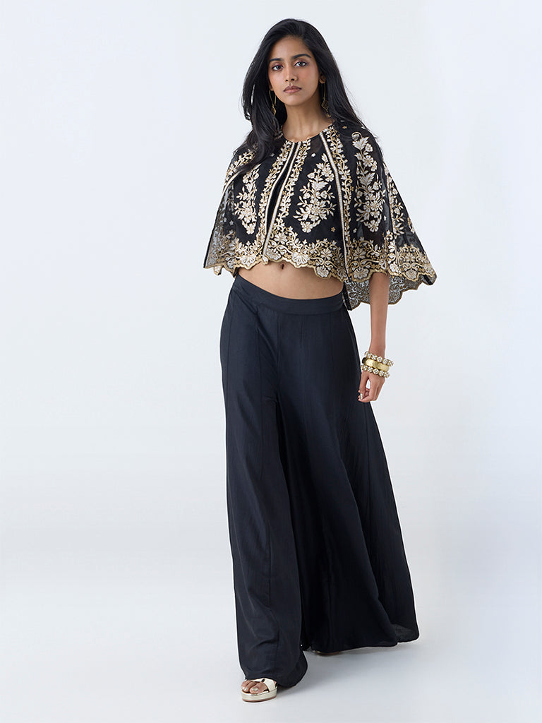 Vark Black Floral Embroidered Cotton-Blend Ethnic Set