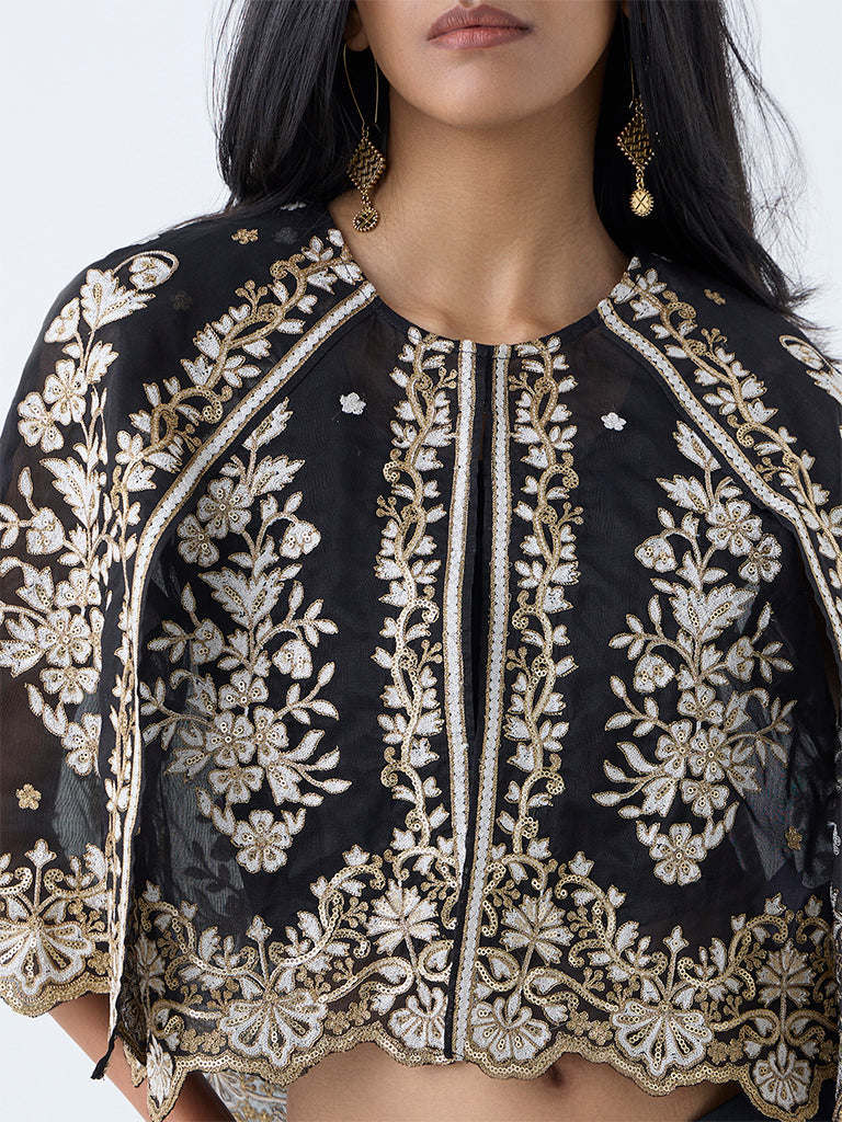 Vark Black Floral Embroidered Cotton-Blend Ethnic Set