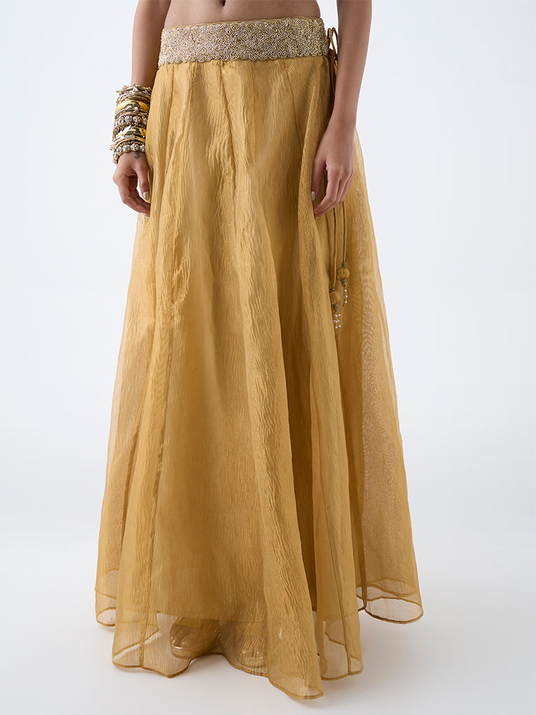 Vark Gold Embellished Tissue Maxi Skirt