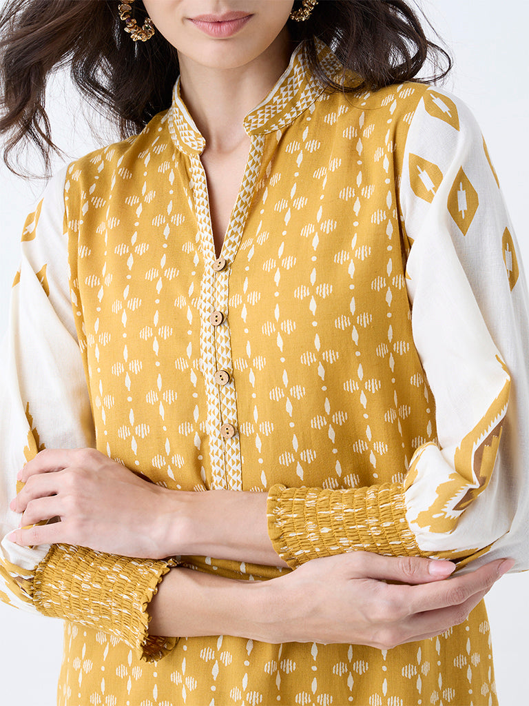 Utsa Yellow Floral Printed Straight Cotton Kurta