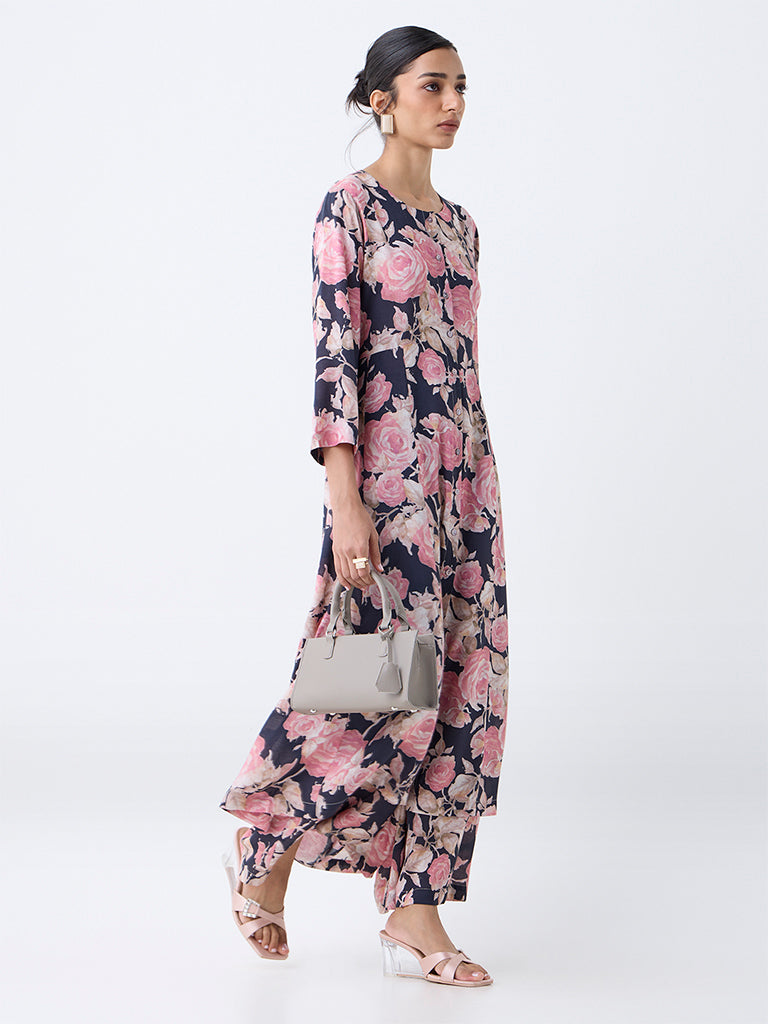 Zuba Black Floral Pattern Palazzos