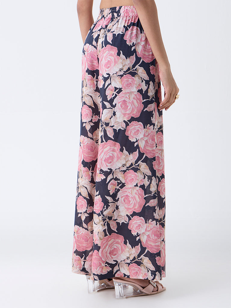 Zuba Black Floral Pattern Palazzos