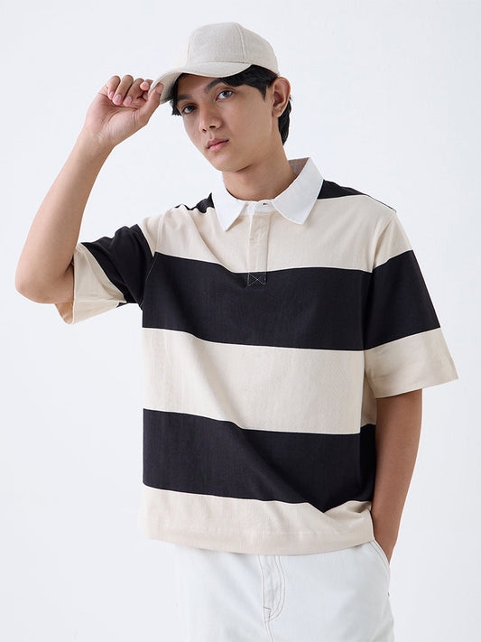 Nuon Off-White Striped Relaxed-Fit Cotton Polo T-Shirt