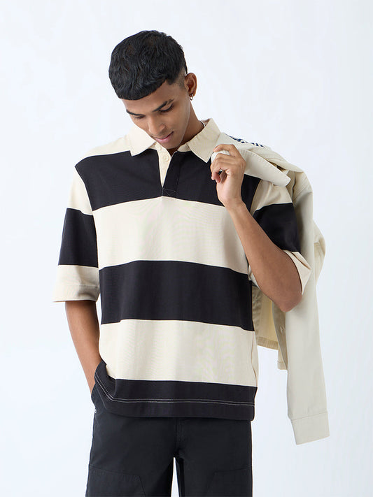 Nuon Off-White Striped Relaxed-Fit Cotton Polo T-Shirt