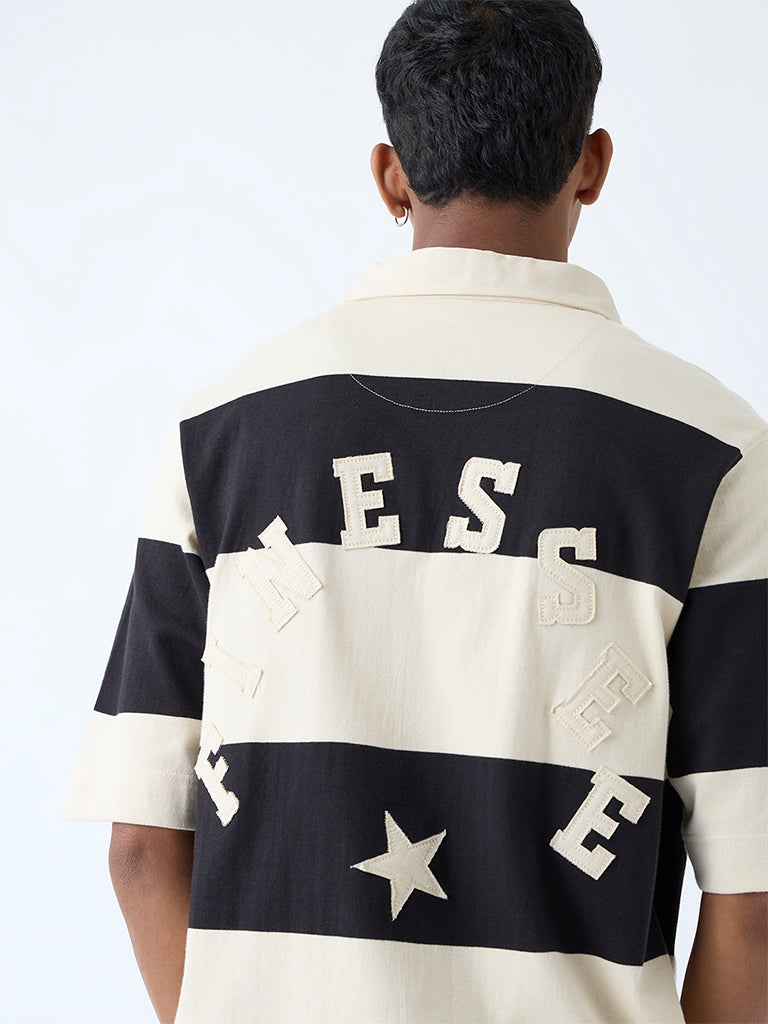 Nuon Off-White Striped Relaxed-Fit Cotton Polo T-Shirt