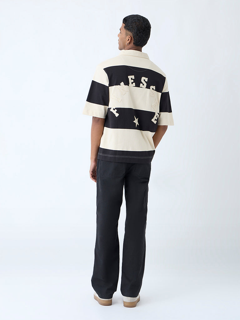 Nuon Off-White Striped Relaxed-Fit Cotton Polo T-Shirt