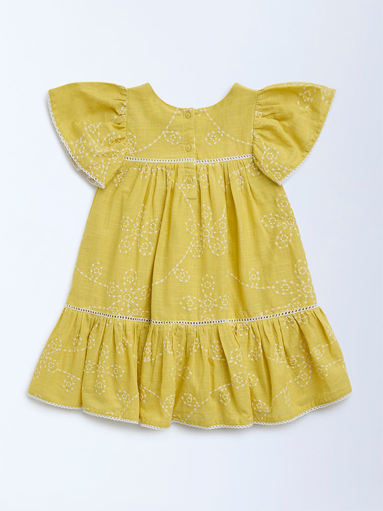 HOP Kids Yellow Embroidered Cotton A-Line Dress
