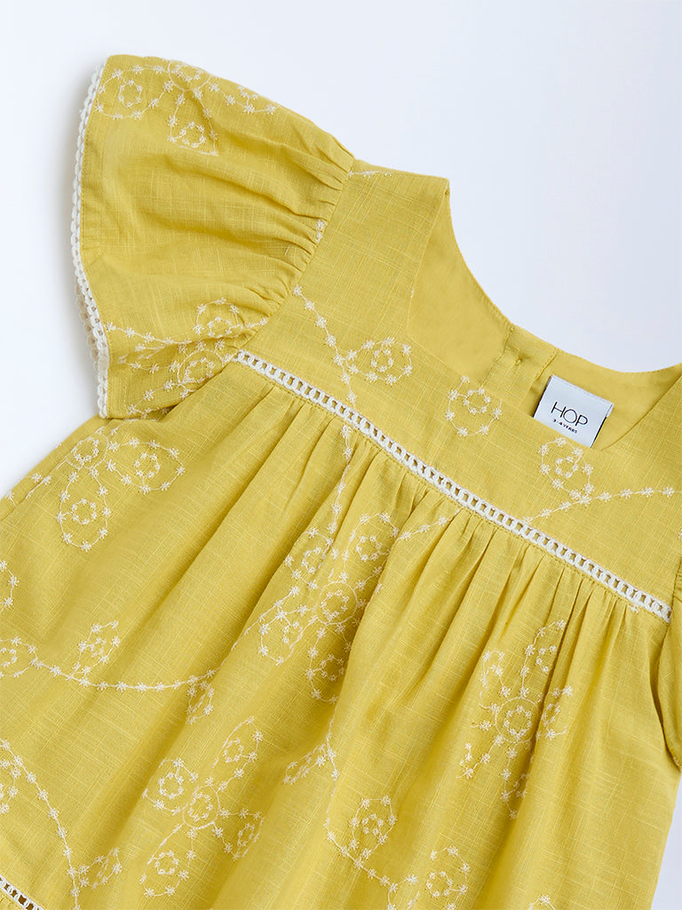 HOP Kids Yellow Embroidered Cotton A-Line Dress