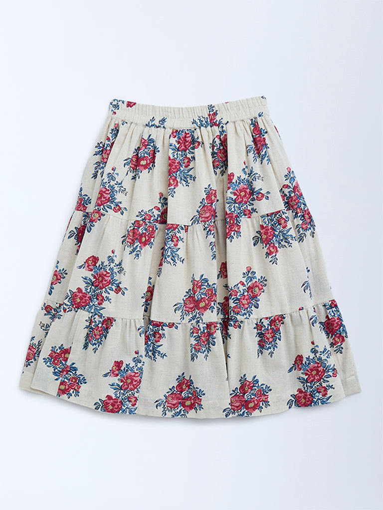 Utsa Kids Off-White Floral Tiered Cotton-Blend Skirt - (2-8yrs)