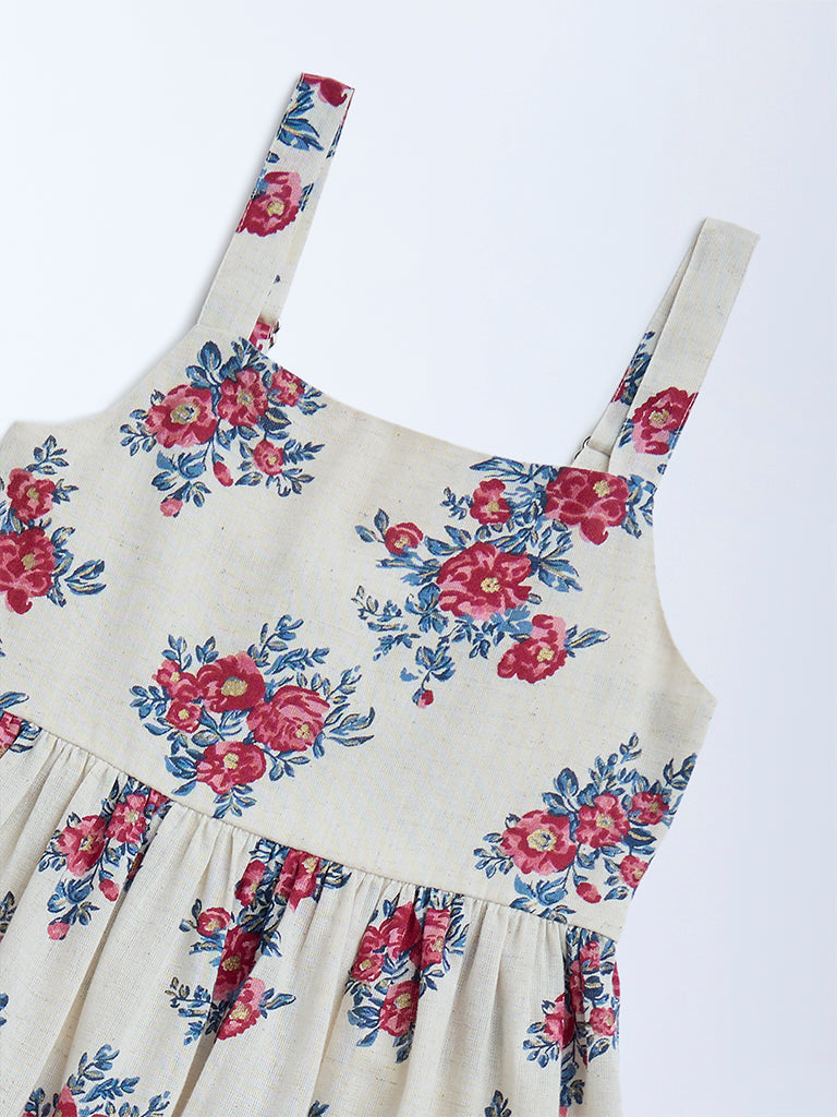 Utsa Kids Off-White Floral Design Cotton-Blend Tiered Dress - (2-8yrs)