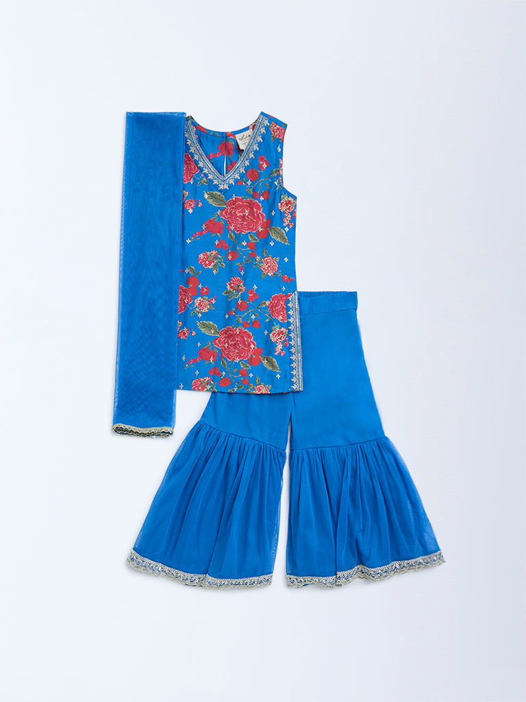 Utsa Kids Blue Floral Pattern Straight Ethnic Set - (2-8yrs)