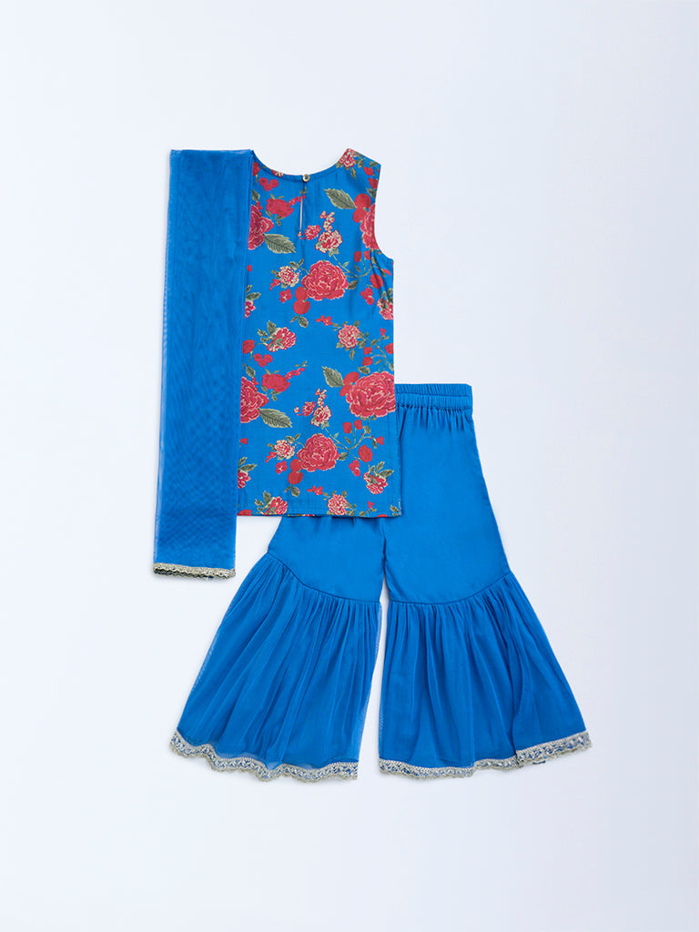 Utsa Kids Blue Floral Pattern Straight Ethnic Set - (2-8yrs)