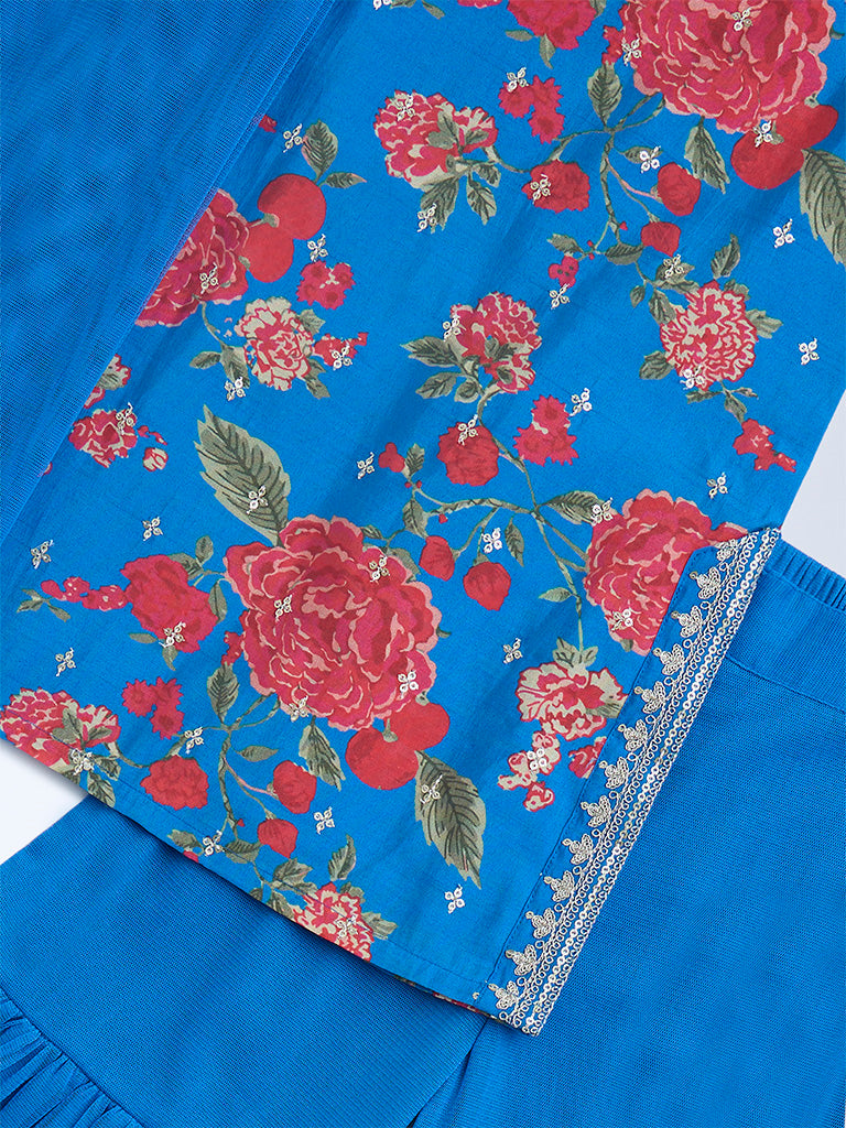 Utsa Kids Blue Floral Pattern Straight Ethnic Set - (2-8yrs)
