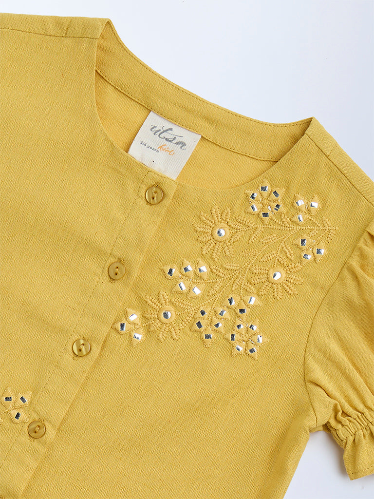 Utsa Kids Yellow Floral Embroidered Cotton Ethnic Top - (2-8yrs)