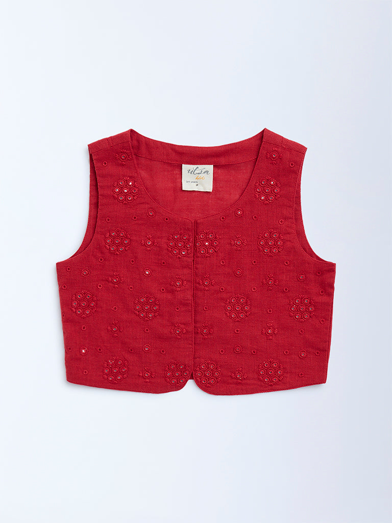 Utsa Kids Red Mirror Embroidered Cotton Waistcoat - (2-8yrs)