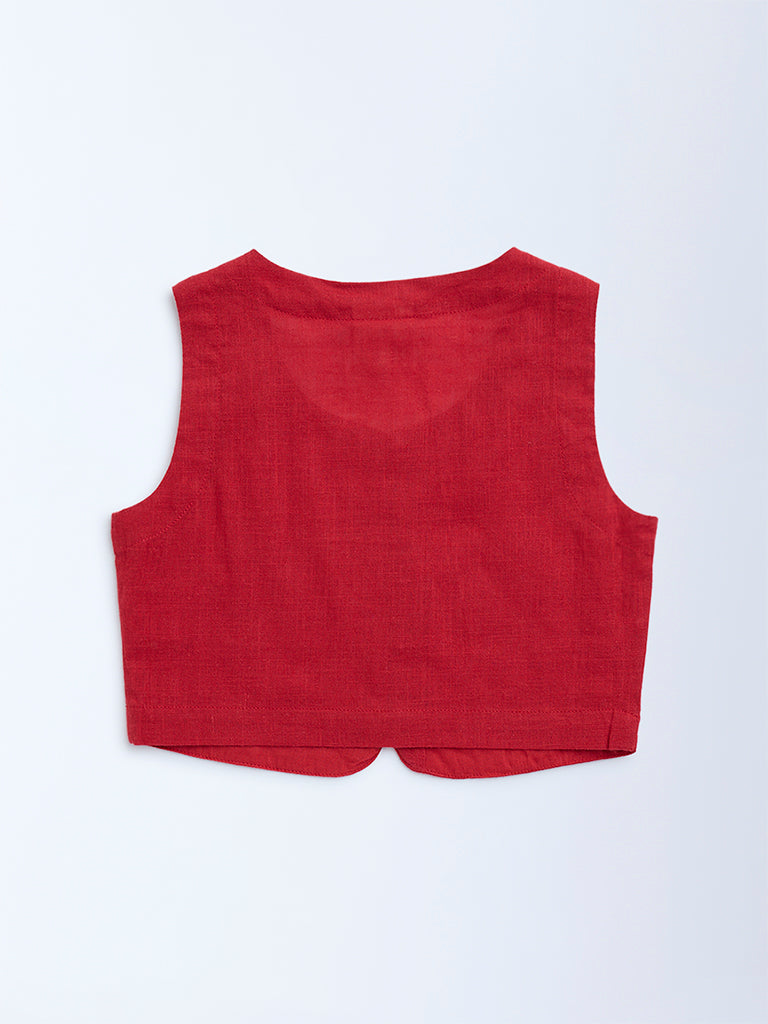 Utsa Kids Red Mirror Embroidered Cotton Waistcoat - (2-8yrs)