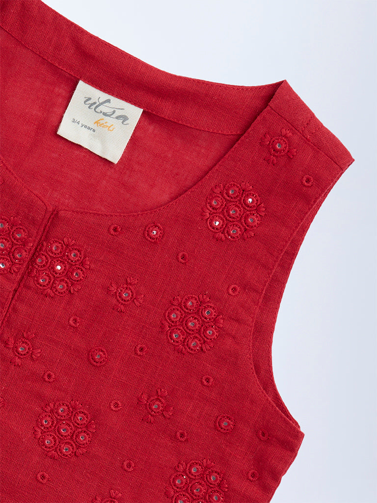 Utsa Kids Red Mirror Embroidered Cotton Waistcoat - (2-8yrs)