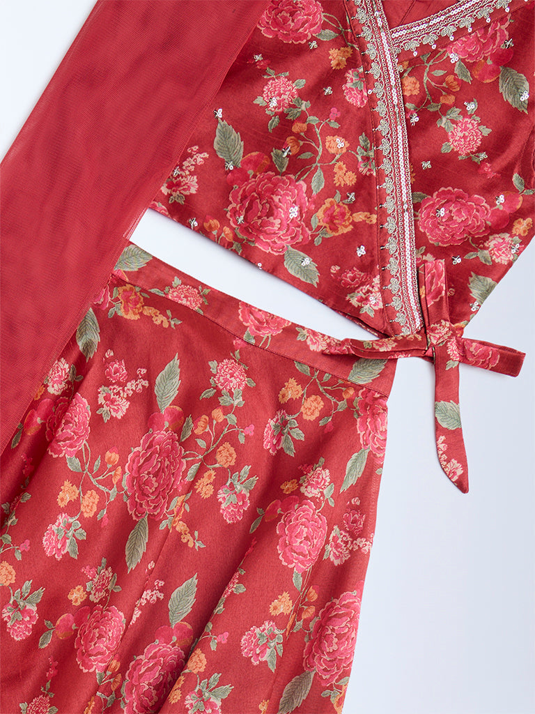 Utsa Kids Rust Floral Pattern Ethnic Set - (8-14yrs)